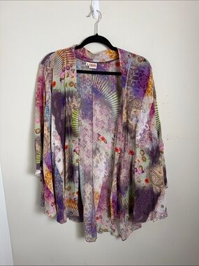 Tianello Silk Asian Print Floral Open Front Kimono Size Medium